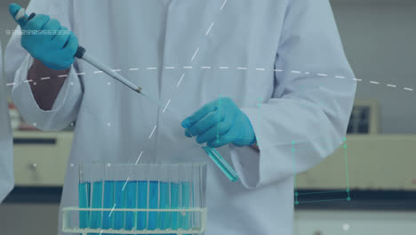 animación del procesamiento de datos y líneas blancas sobre el médico que trabaja en el laboratorio