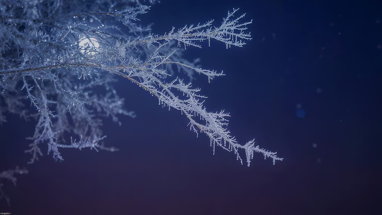 Glinting frost-covered branch catching moonlight at night, highlighting hoarfrost crystals and snow