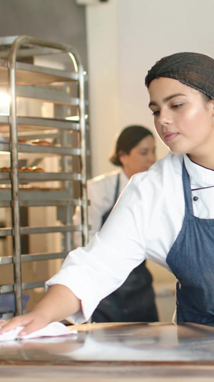 Video vertical: Chef con chaqueta limpiando una mesa de acero inoxidable en una panadería con un paño rosa, con estantes de bollos.