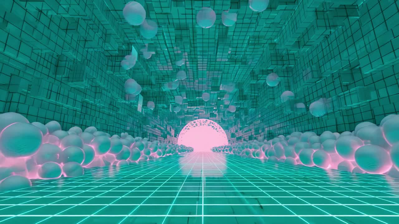 A Stunning Visual Journey Through a Futuristic Digital Tunnel, Featuring Geometric Patterns, Floating Spheres, and Glowing Grids with a Vibrant Color Palette, Inviting Exploration and Imagination