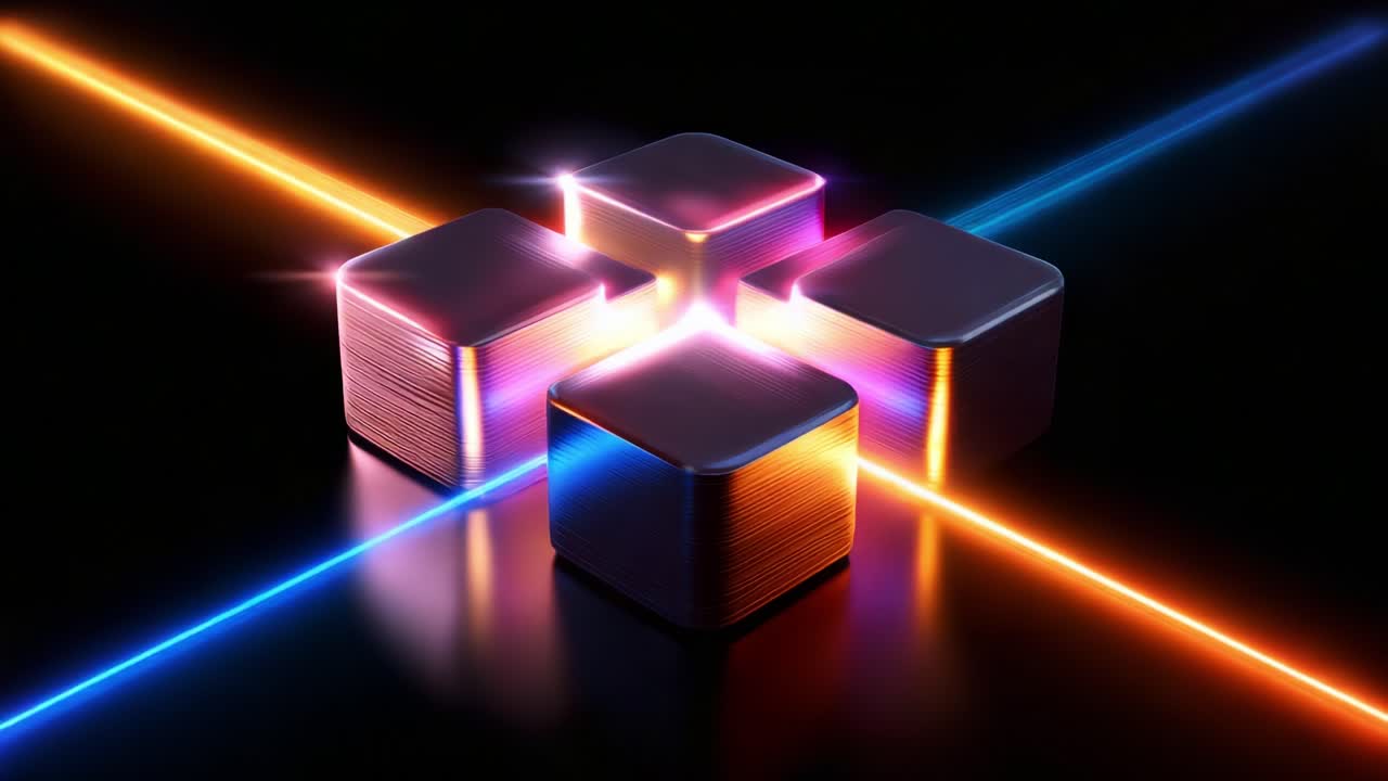 Dynamic Interaction of Futuristic Cubes Illuminated by Vibrant Neon Lasers in a Dark Environment, Showcasing Modern Design and Aesthetic Appeal That Captivates the Observer's Imagination