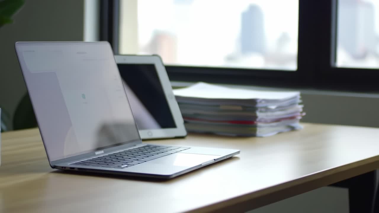 A Modern Workspace Featuring a Laptop and Tablet on a Minimalist Desk Surrounded by Stacked Papers in a Bright and Airy Environment