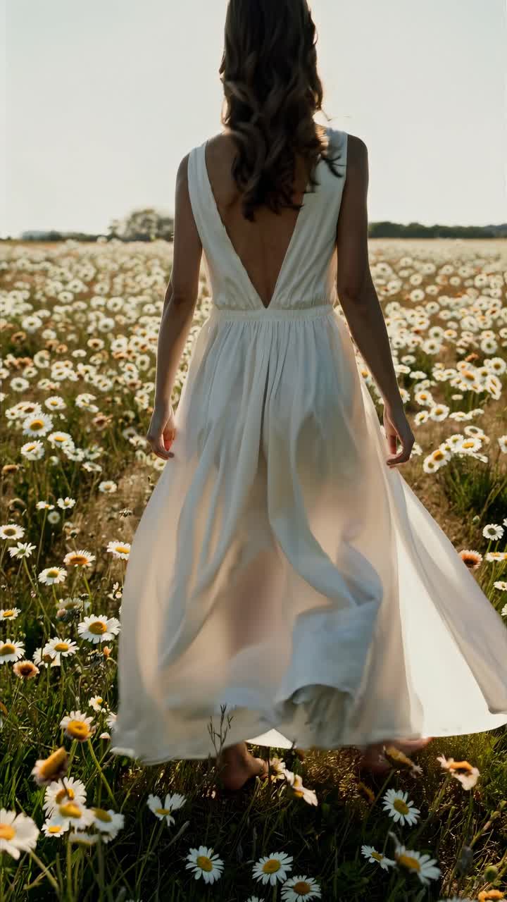 A woman in a flowing white dress walks through a daisy field
