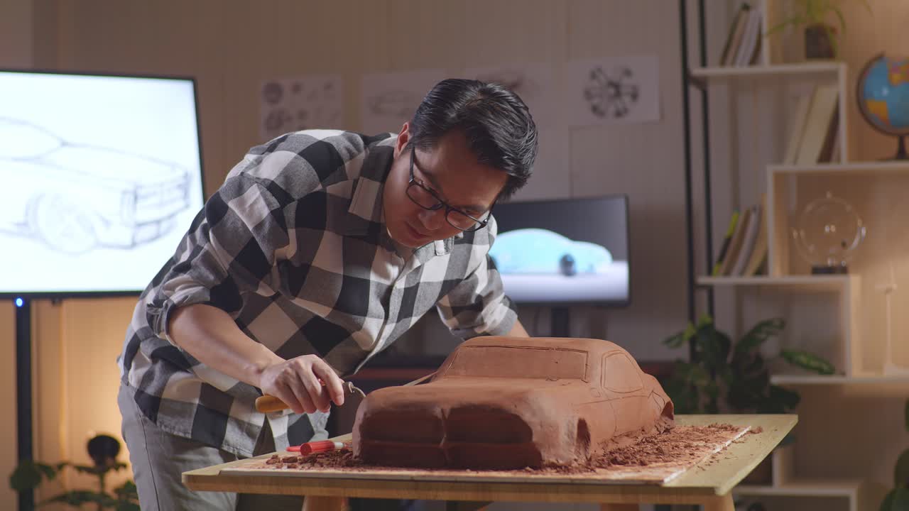 Asian Man Automotive Designer Works On The Sculpture Of Car Clay Using Spatula To Smooth Out The Surface And Create Details In The Design In The Studio