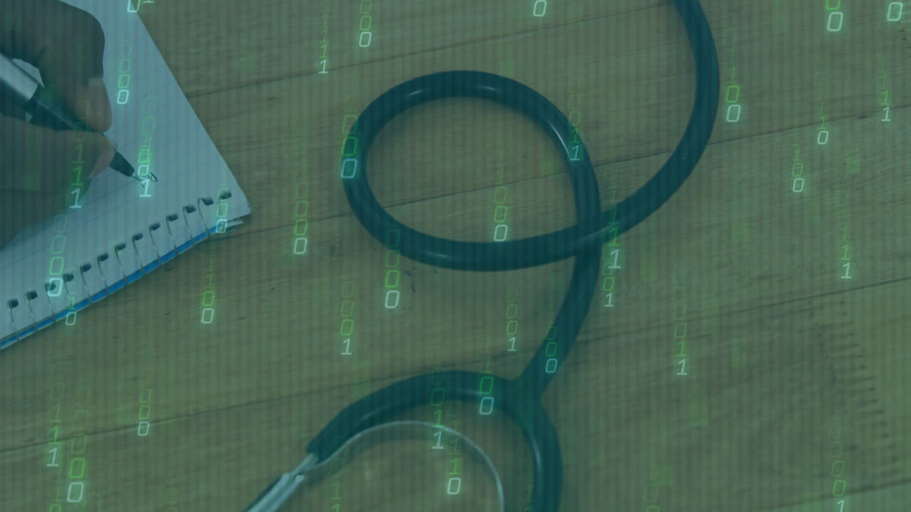 Stethoscope and notebook on wooden surface with binary code animation overlay