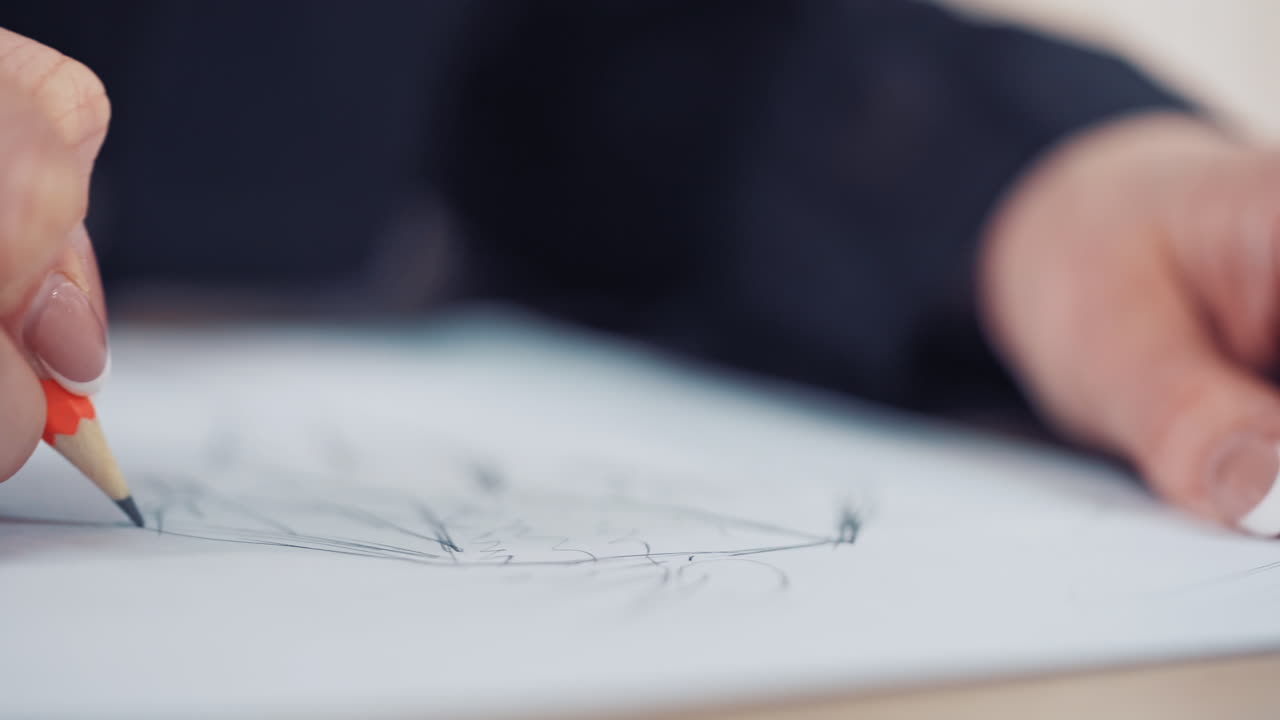 Woman's hand with a beautiful ring of a designer is drawing sketch of dress in atelier. Female tailor draws with a sharp pencil on the table. Close-up