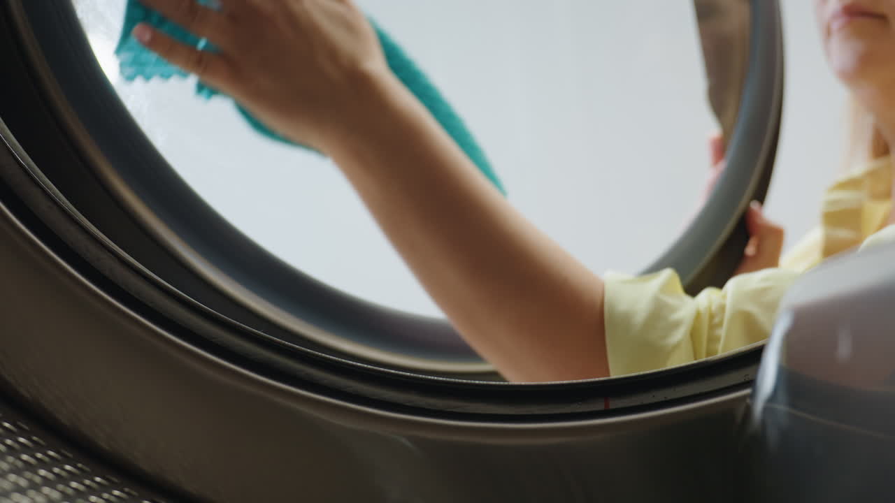 View from inside washing machine showing washerwoman wiping transparent surface with turquoise towel, faint reflection visible on glass while maintaining hygiene of industrial laundry equipment