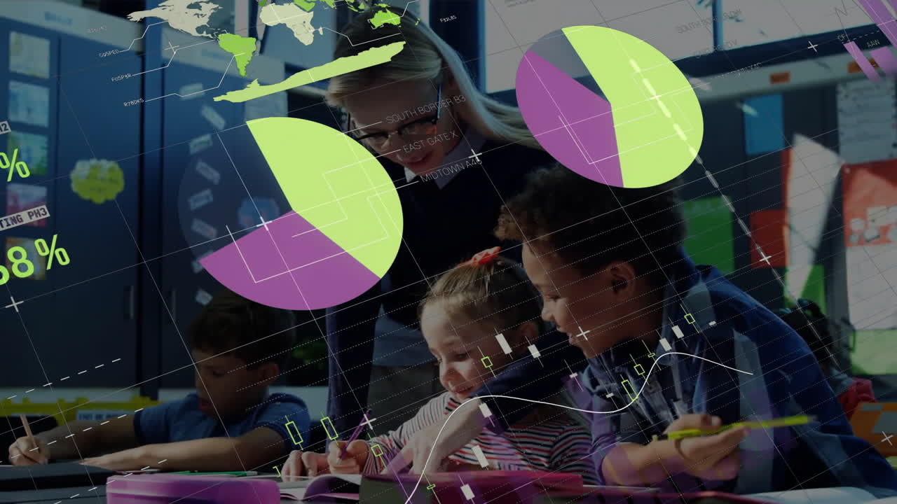 animación de la interfaz infográfica sobre diversas maestras que ayudan a los estudiantes en el aula