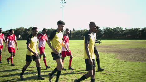 walking on soccer field, male soccer players in uniforms preparing for match