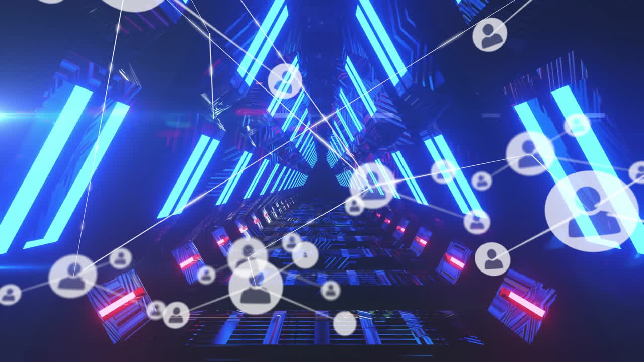 Glowing lights illuminating futuristic tunnel with animation of connected user icons