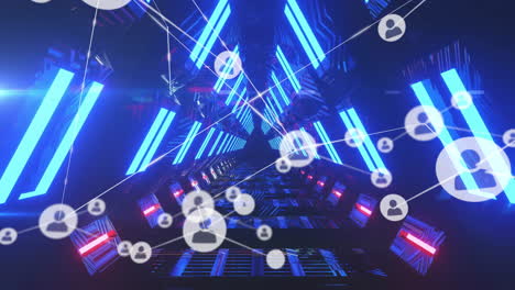 glowing lights illuminating futuristic tunnel with animation of connected user icons