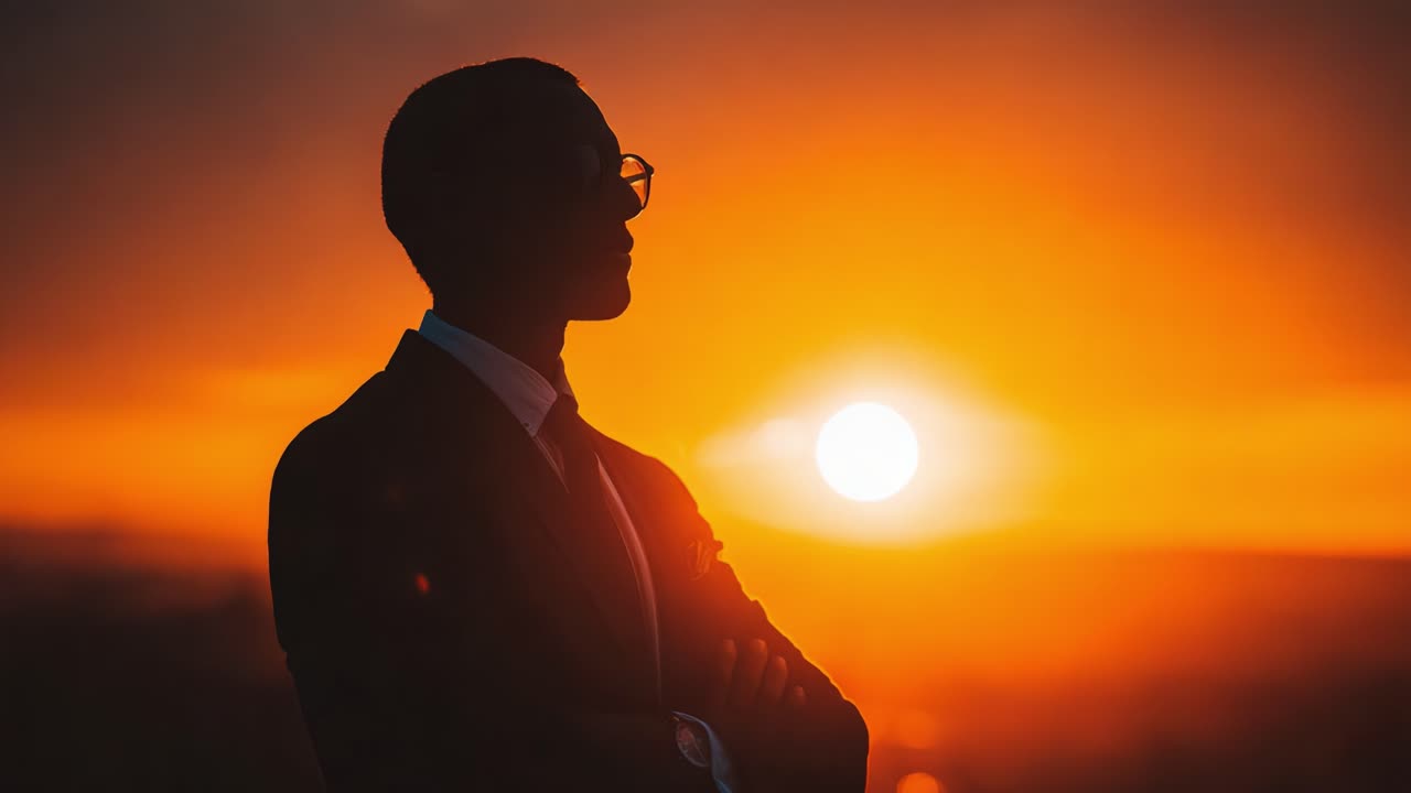 Silhouette of a Professional at Sunset: Captivating Moment Highlighting Ambition and Reflection Against a Stunning Golden Sky Backdrop
