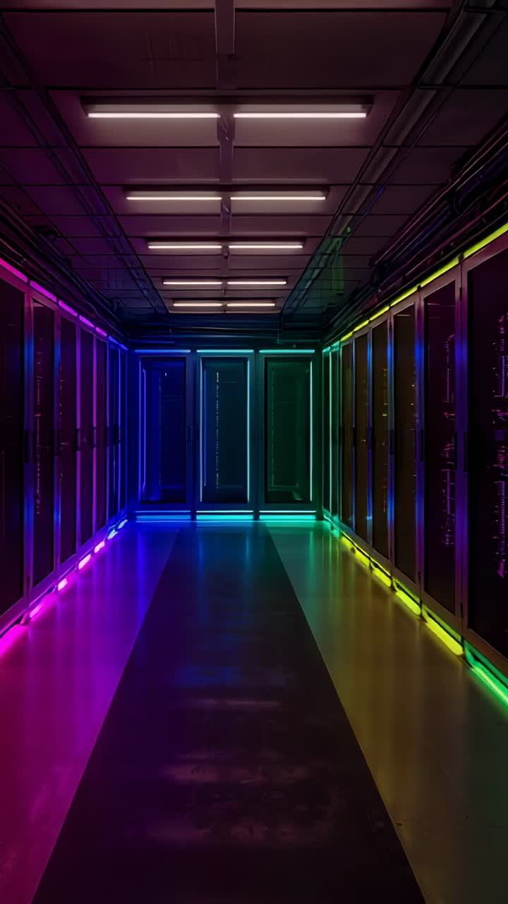 Video verticale: strisce LED da ciclismo che colorano i rack dei server con tonalità arcobaleno lungo il corridoio del data center