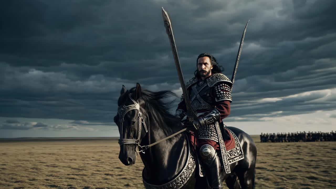 Epic medieval warrior on horseback under dramatic skies, captured from a low-angle