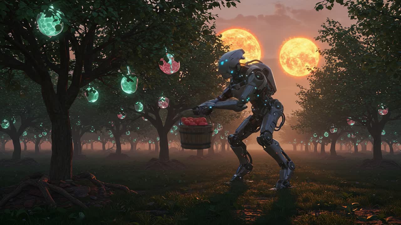 A Futuristic Robot Collects Fruit in a Vibrant Orchard Under Two Brilliant Suns, Merging Technology with Nature in a Stunningly Imagined Landscape