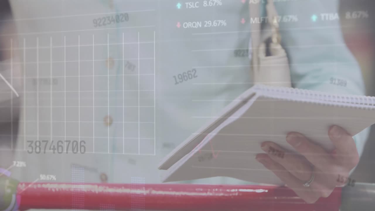 Animation of numbers changing and statistics recording over woman with shopping list