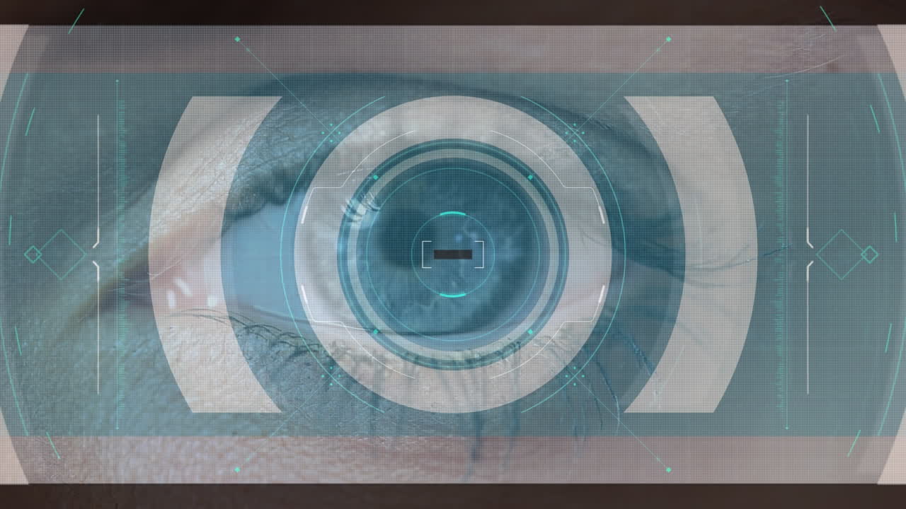 Animation of scope scanning and data processing over woman's eye
