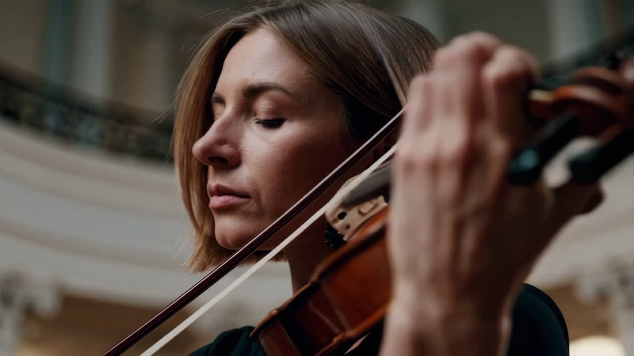 Woman Playing Violin in a Grand Hall