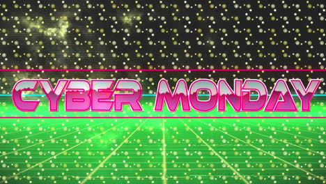 cyber monday text over neon banner against abstract shapes in seamless pattern and grid network