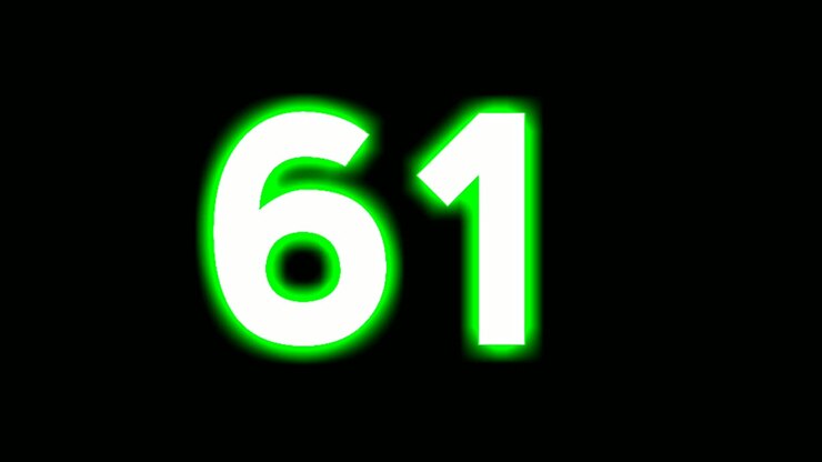 Neon number 61 sixty one sign symbol modern animation motion graphics flicking on black background,green color glowing and shining for video elements