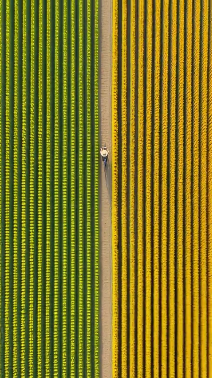 Vista dall'alto di campi agricoli mostra un ciclista solitario che percorre uno stretto sentiero sterrato tra fitte file di colture, con un campo verde vivido accanto a un campo giallo dorato, creando un forte contrasto, simmetria e un'atmosfera rurale pacifica.