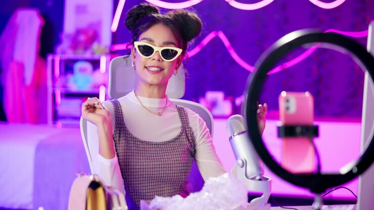 Donna che fa vlogging con ring light e microfono