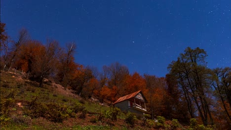 Caminatas-Para-Tomar-El-Lapso-De-Tiempo-Del-Cielo-Nocturno-En-El-Bosque-Otoño-Temporada-De-Otoño-En-La-Naturaleza-Caminatas-Al-Aire-Libre-Viajes-De-Aventura-Acampar-Con-Mochila-Dormir-En-Una-Cabaña-Cabaña-Captura-Fotografía-De-Sendero-De-Estrellas