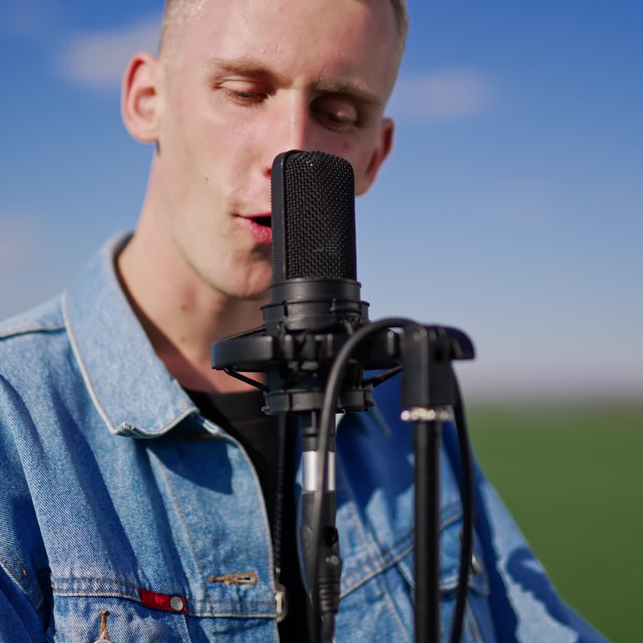 Young blond man singing song in a microphone. Musicians playing musical instruments at backdrop in blur. Nature background