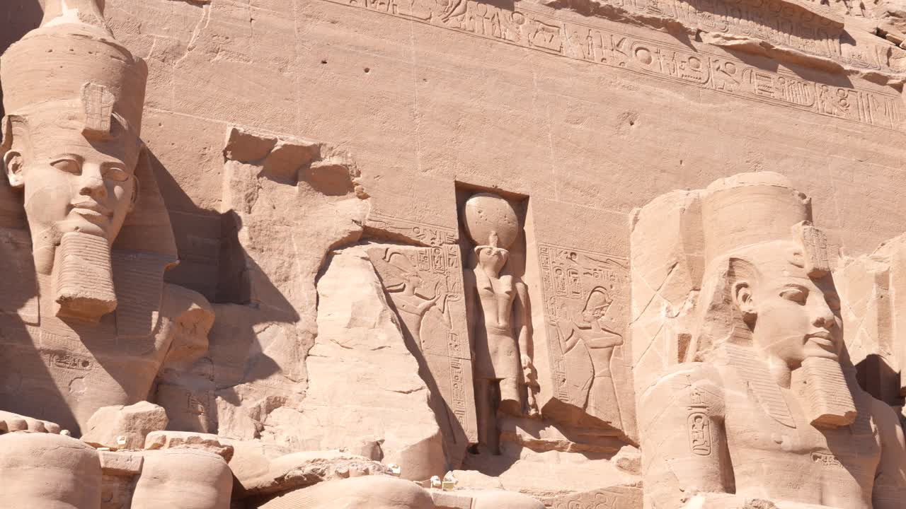 Close up of exterior of Ancient Egyptian Abu Simbel temple in Egypt