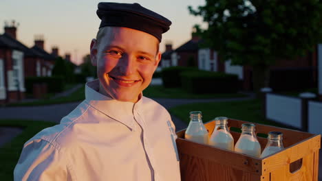 friendly milkman delivering milk at sunset