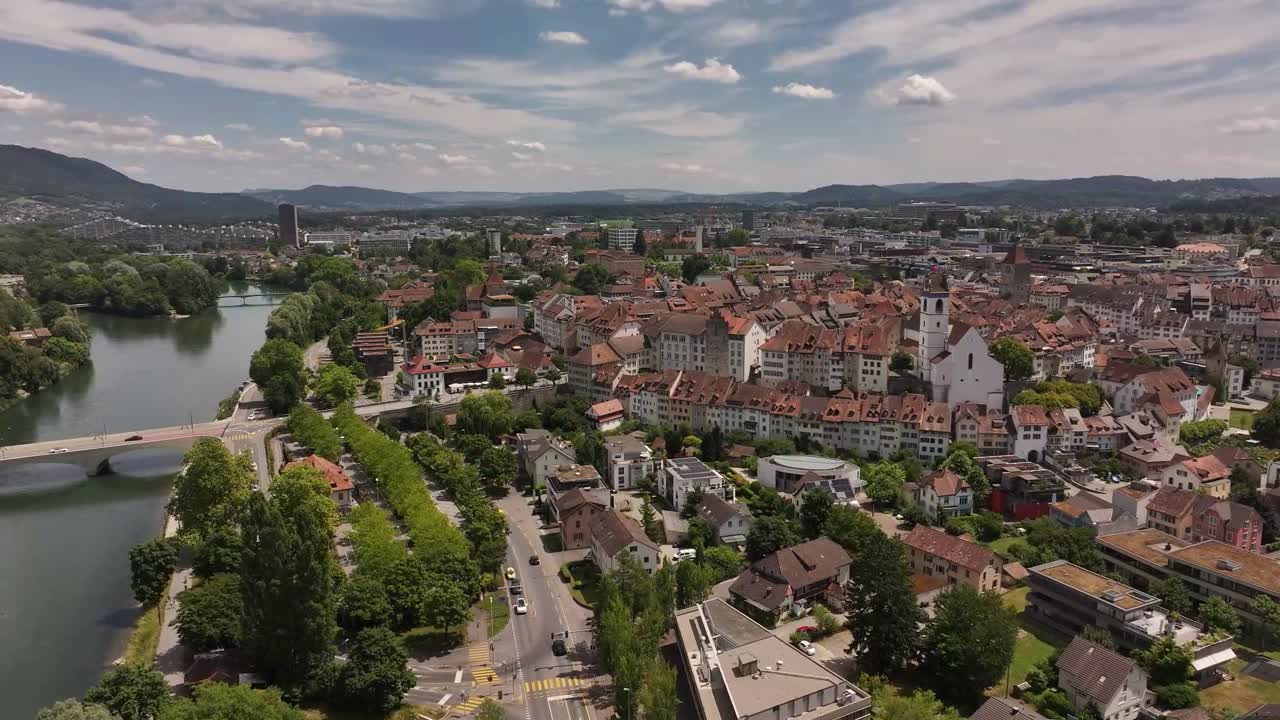 aerial - historic old town of Aarau with rooftops and river in Aargau canton Switzerland