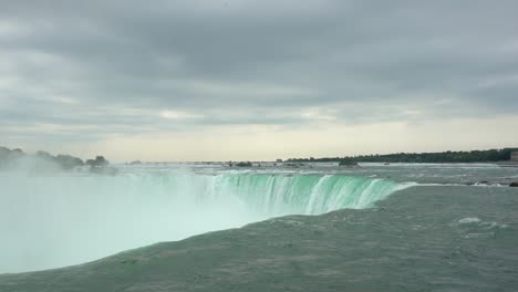 Static-slow-motion-wide-shot-of-the-beautiful-niagara-river-and-niagara-falls-in-the-canadian-province-of-ontario-near-new-york-with-view-of-the-flowing-waterfall-on-a-cloudy-day