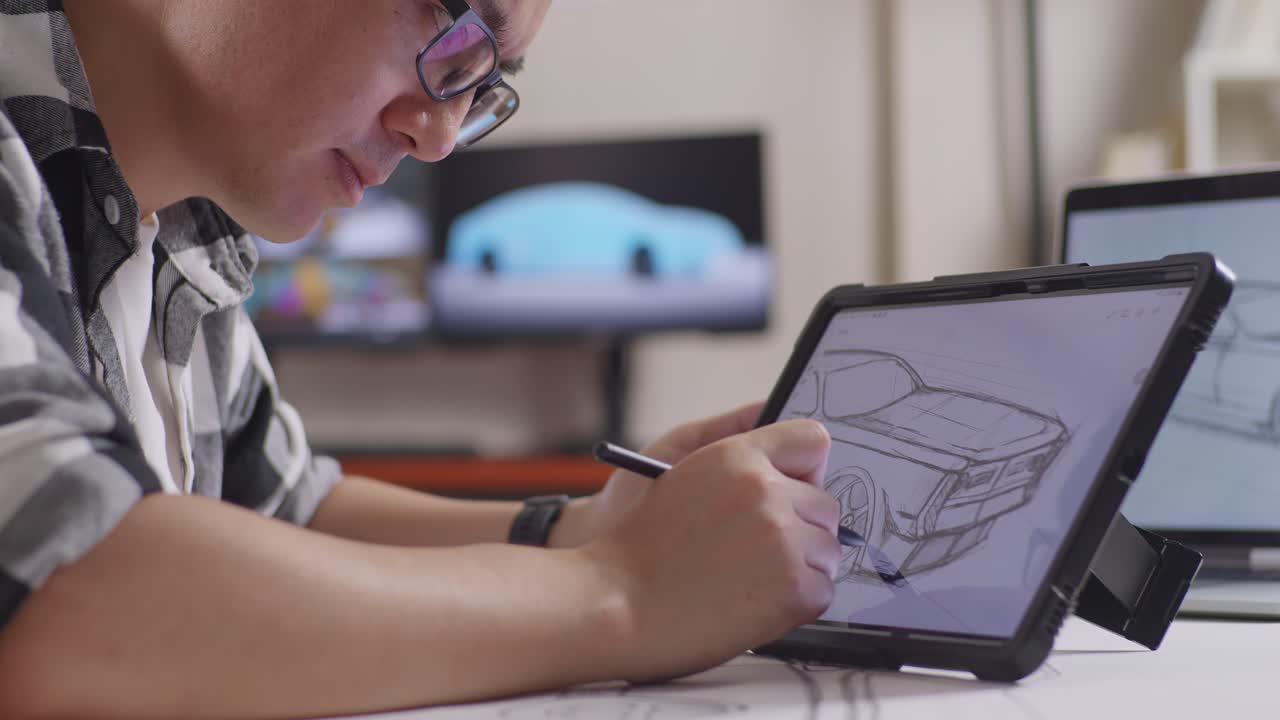 Close Up Of Asian Male Talking On Smartphone While Drawing New Car Design Concept On A Tablet In The Studio With Tv And Computers Display 3D Electric Car Model