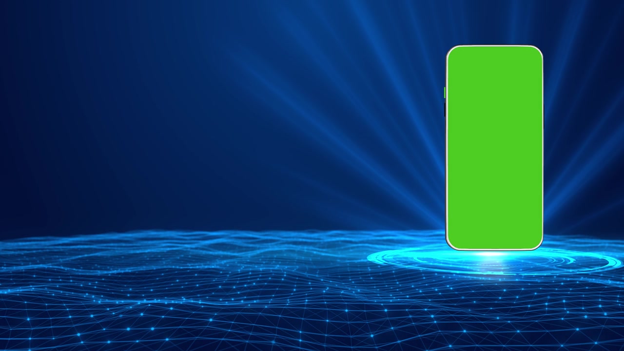 Mobile app mockup green screen visual with glowing blue stage network grid floor and blank display