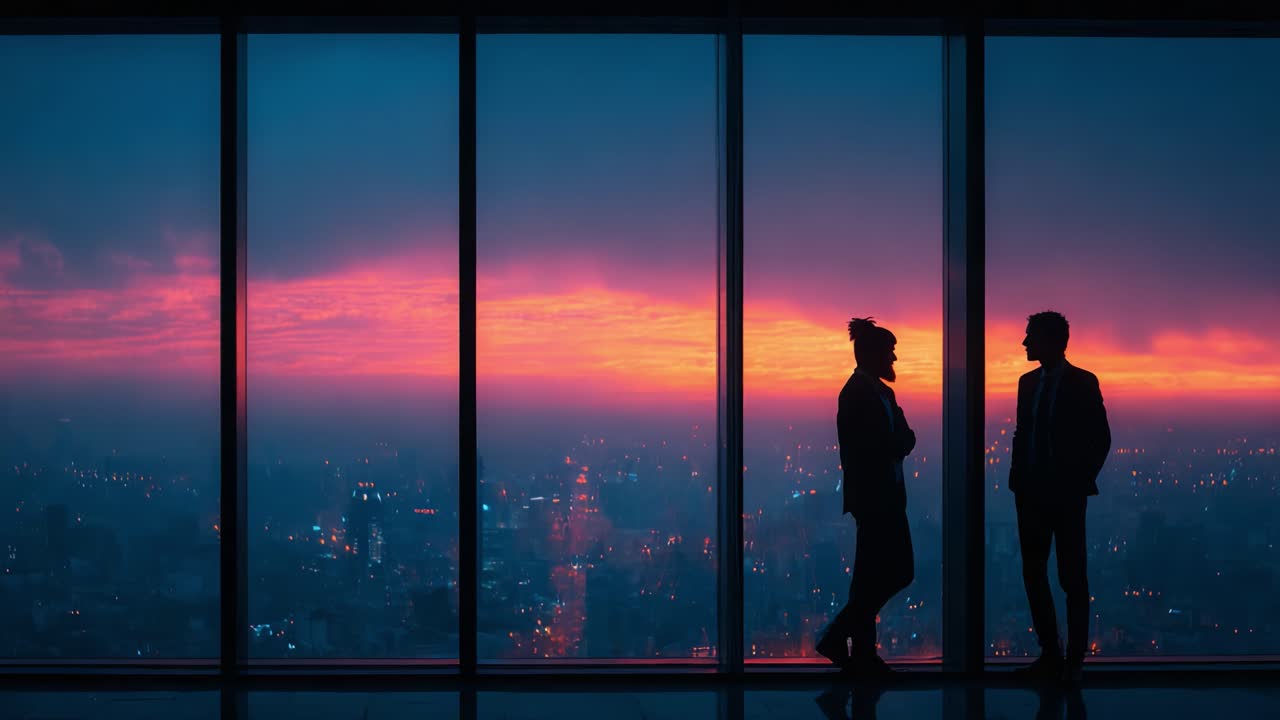 Una serena puesta de sol sobre el horizonte de la ciudad: dos siluetas conversando con un cielo vespertino colorido