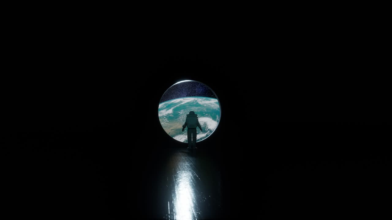 Astronauta che contempla la Terra dalla finestra di una stazione spaziale oscura