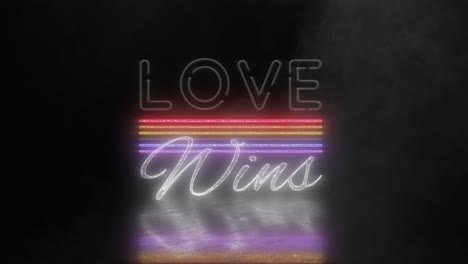 love wins neon rainbow text with smoke or fog effect