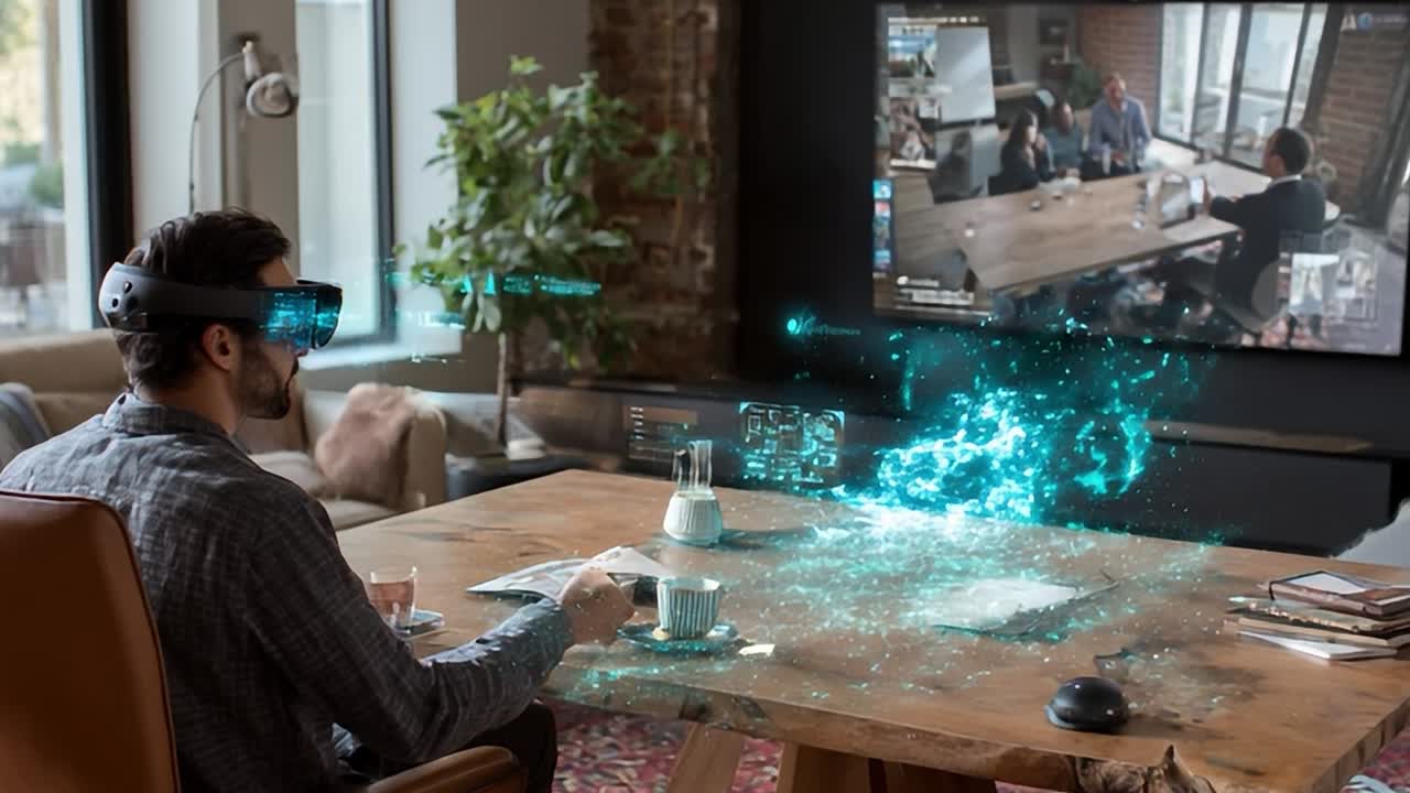 Man using virtual reality headset in modern home office during video call