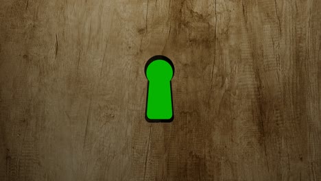 pared o puerta con un agujero de la llave. la cámara vuela a través del agujero y revela la pantalla verde - transición de video