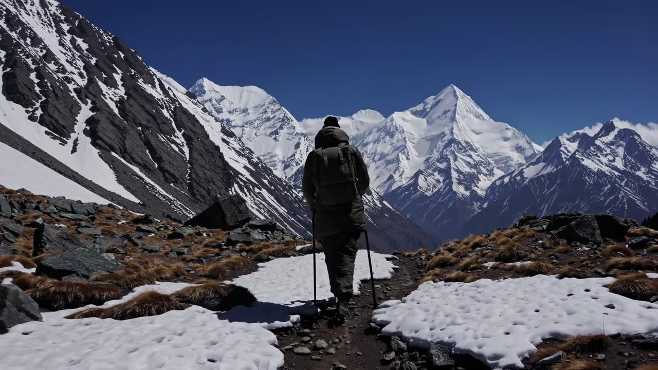 A hiker walks on a snowy mountain trail, captured from a low-angle, emphasizing the vast peaks