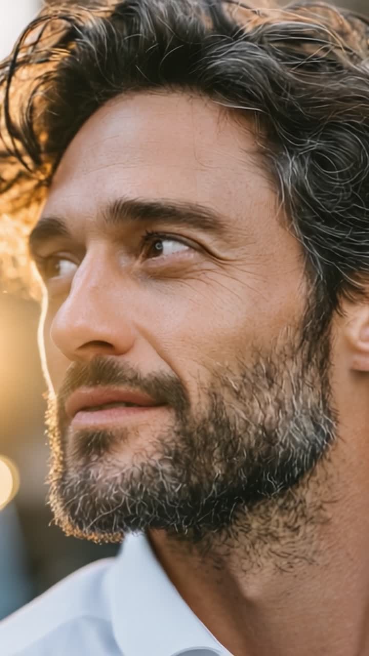 Ritratto ravvicinato di un uomo pensieroso con una barba ben curata, che cattura emozioni con luce naturale, emanando carisma e sicurezza.