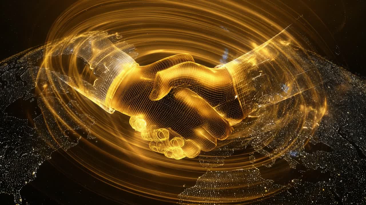 Golden digital handshake symbolizing a business agreement or partnership over a glowing network connection of the world map, representing global cooperation, innovation, and futuristic technology