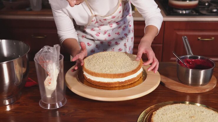 Mulher Assando um Bolo de Camadas
