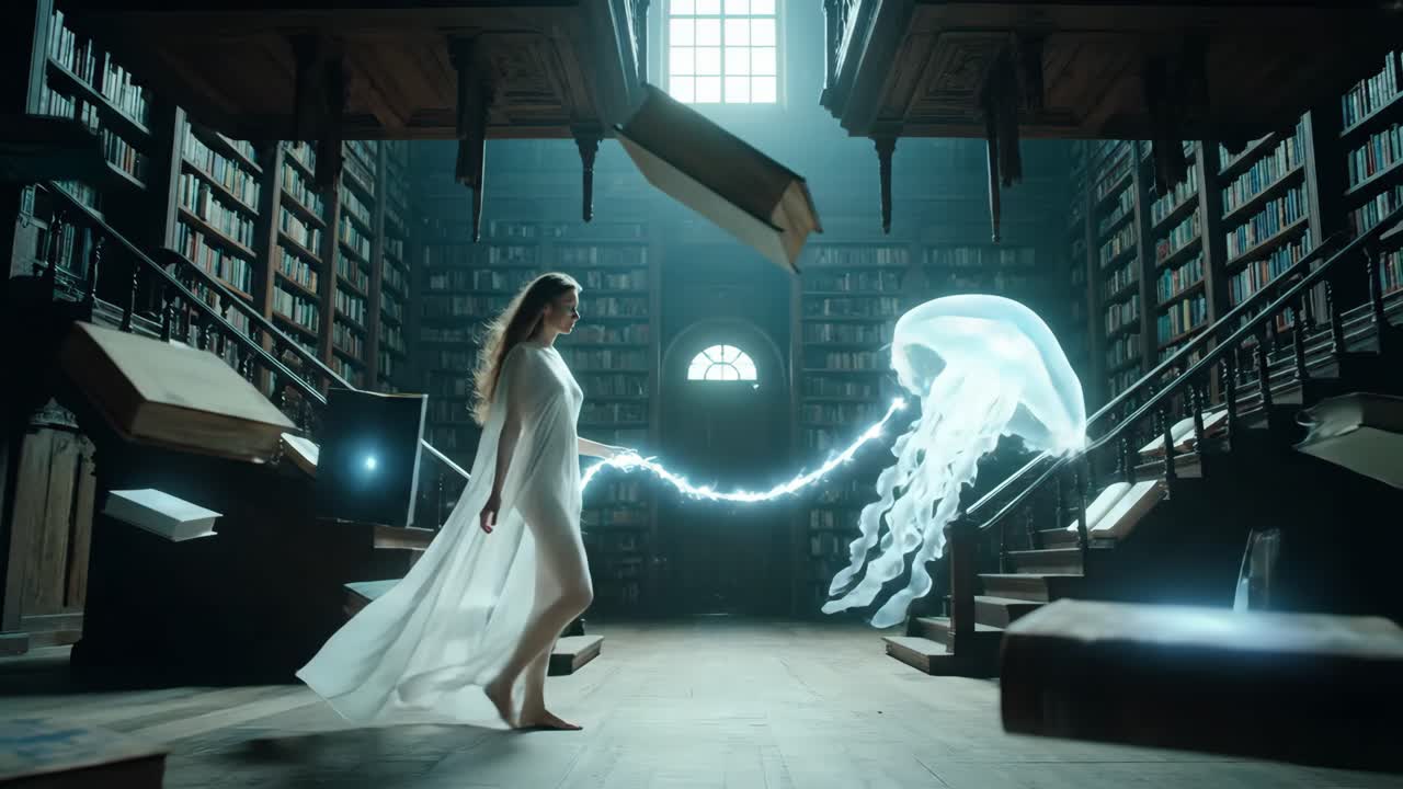 Donna eterea e medusa in una biblioteca magica