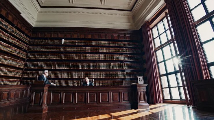 Foto grandangolare di una grande biblioteca con alte librerie e ampie finestre, che cattura un’atmosfera cinematografica