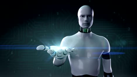 robot, cyborg palma abierta en el fondo de la interfaz digital película de tamaño 4k.