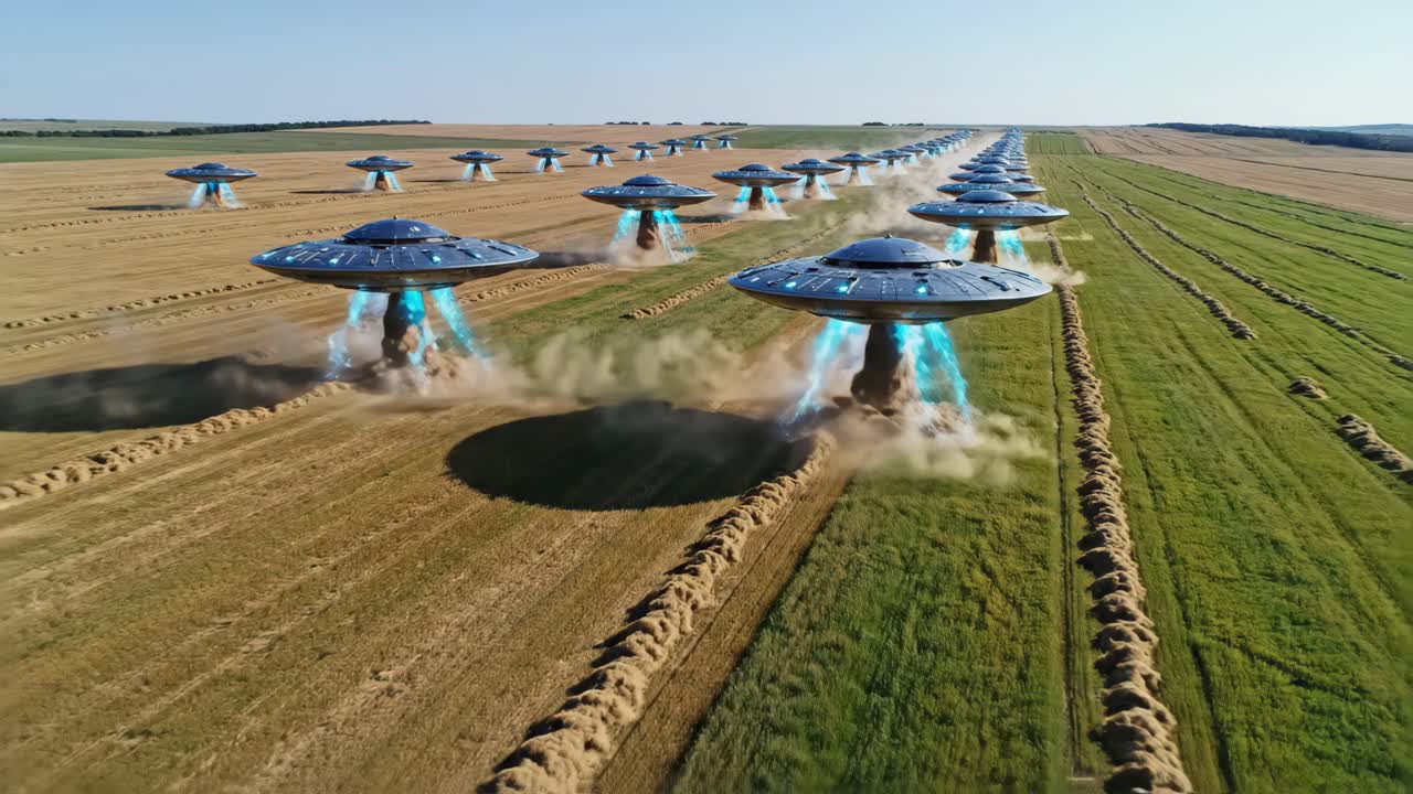 A Fleet of UFOs Landing in a Wheat Field