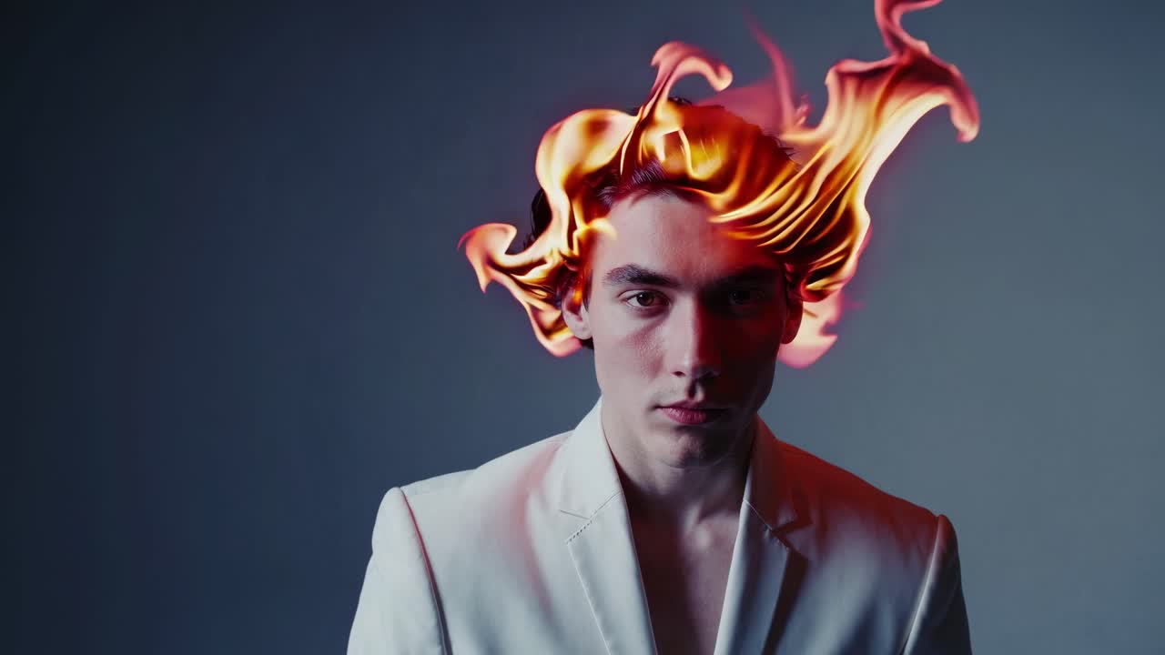 Studio portrait of a young male model with digitally added flames emanating from his hair, creating a striking visual effect against a neutral background