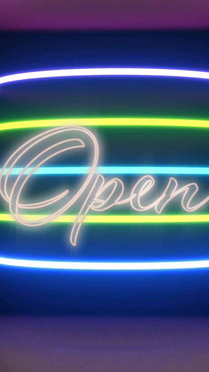 Animation of open over neon lights on black background