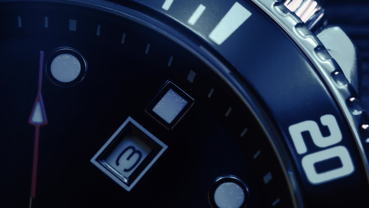 Macro shot of watch with second hand passing. Clock face rack focus. Chronograph or timer close up. Time concept. 4k